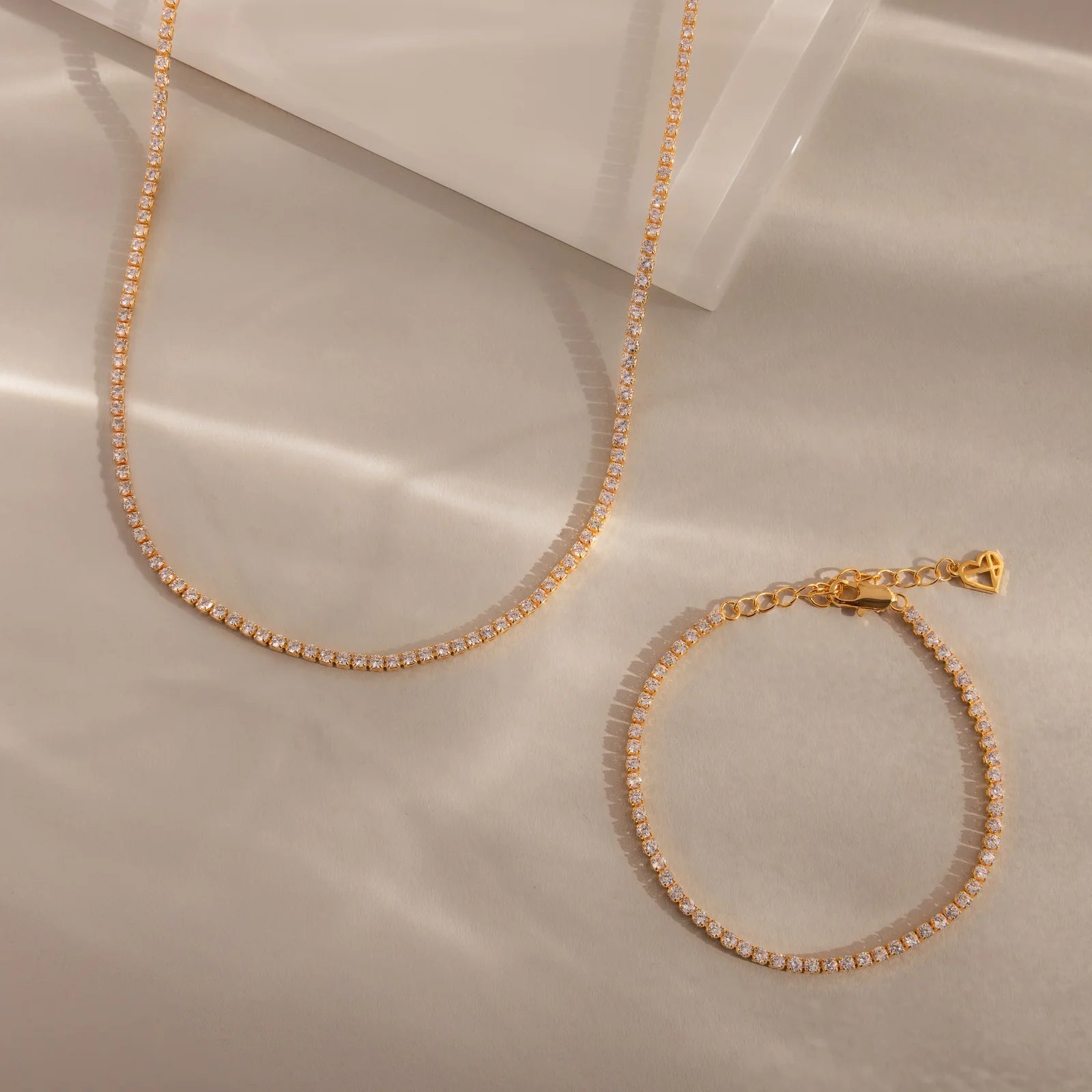 Dainty Diamond Tennis Necklace & Bracelet Set in 18K Gold