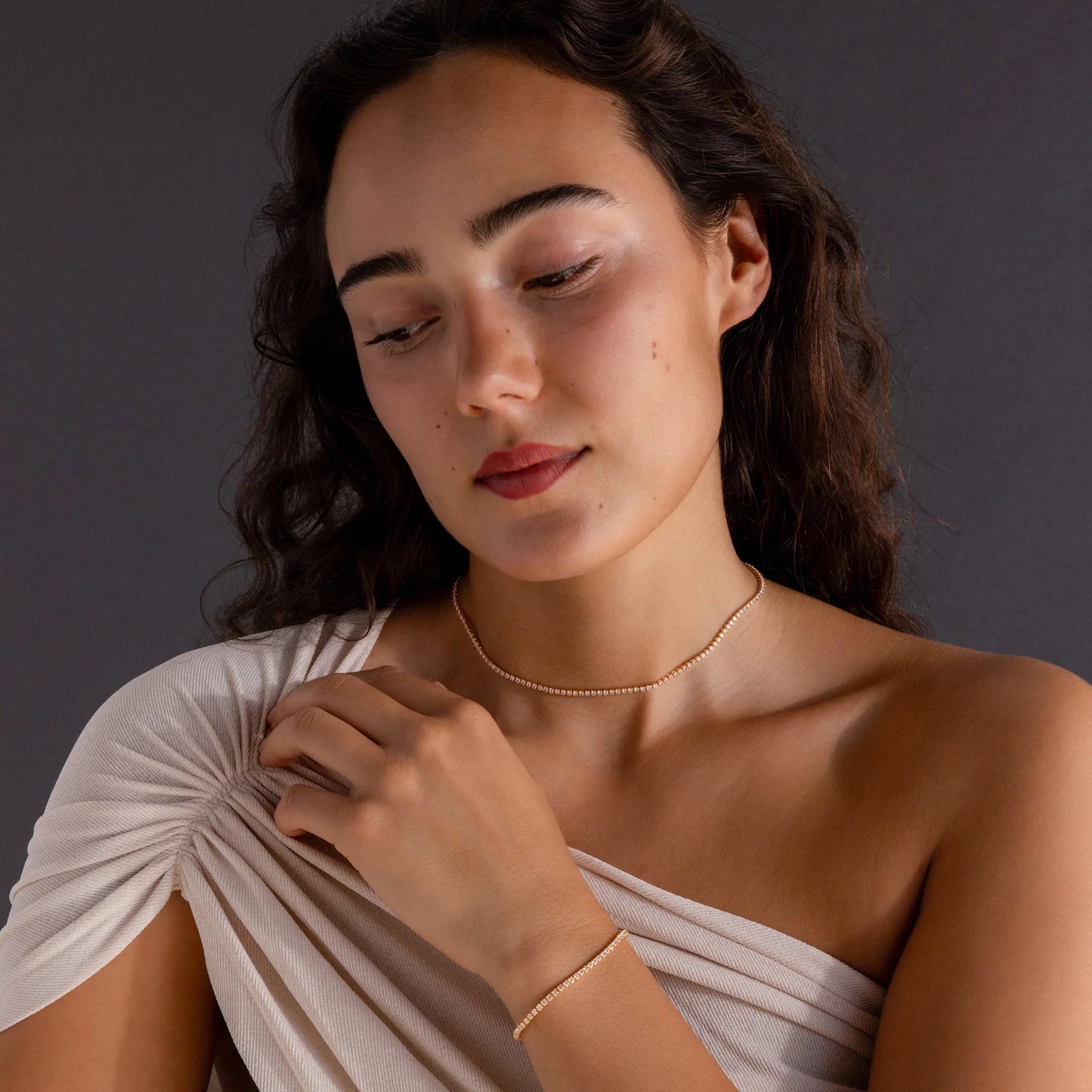 Dainty Diamond Tennis Necklace & Bracelet Set in 18K Gold