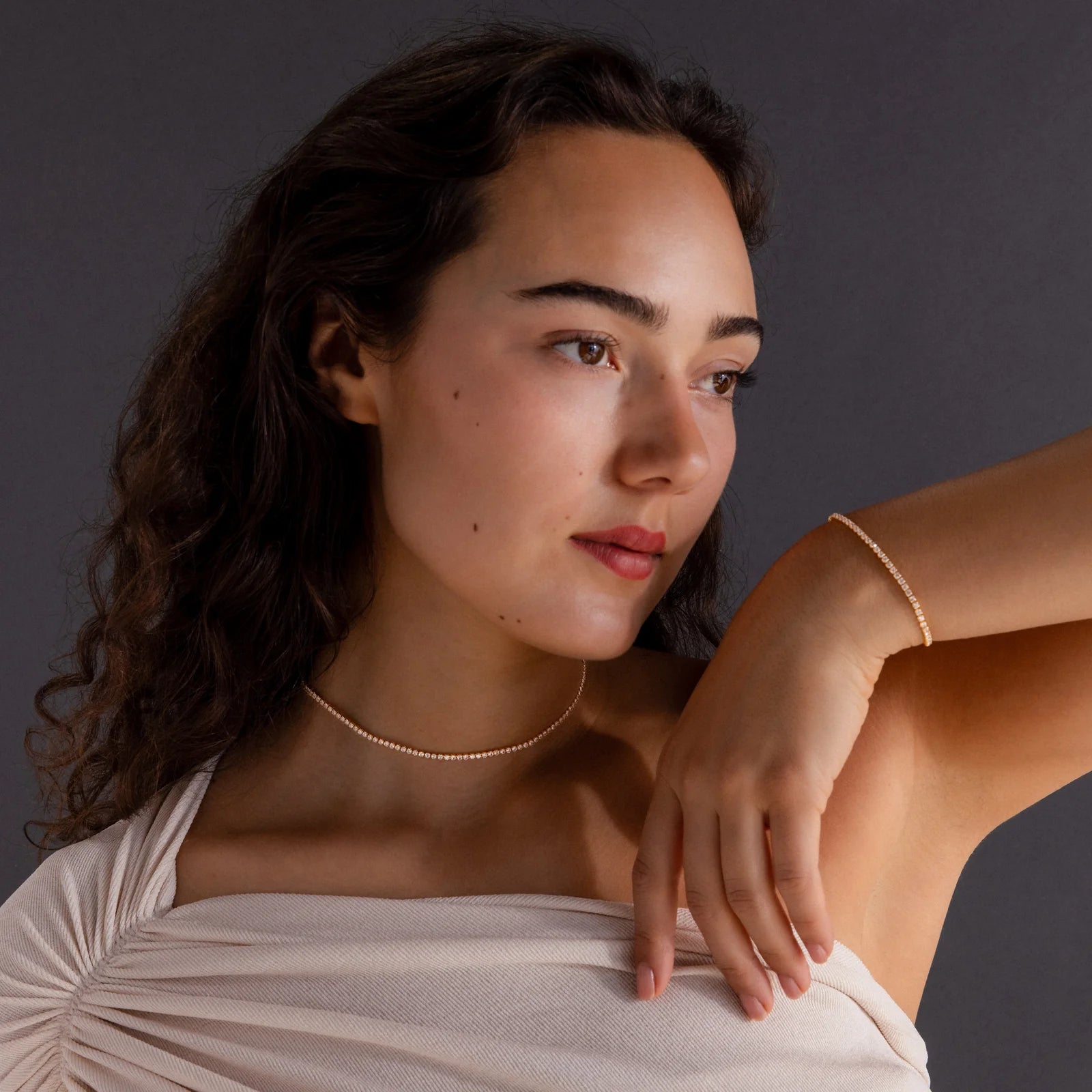 Dainty Diamond Tennis Necklace & Bracelet Set in 18K Gold