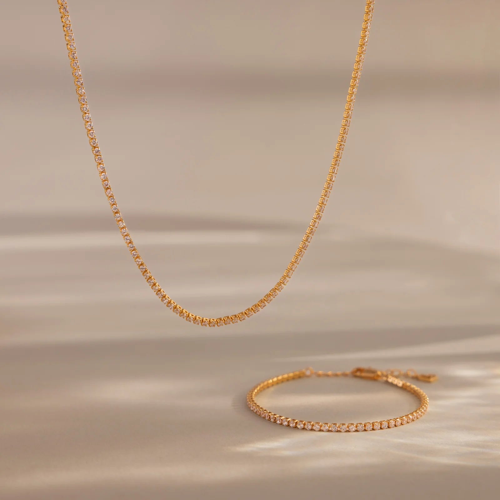 Dainty Diamond Tennis Necklace & Bracelet Set in 18K Gold
