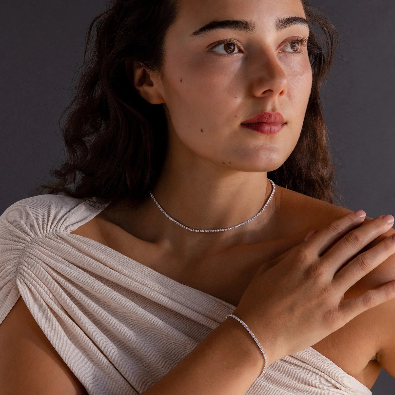 Dainty Diamond Tennis Necklace & Bracelet Set in Silver