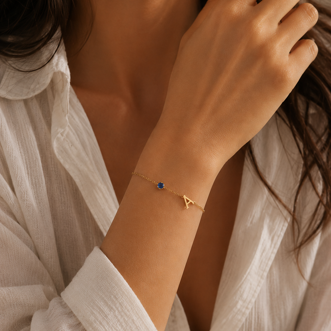 Sideways Initial Birthstone Bracelet